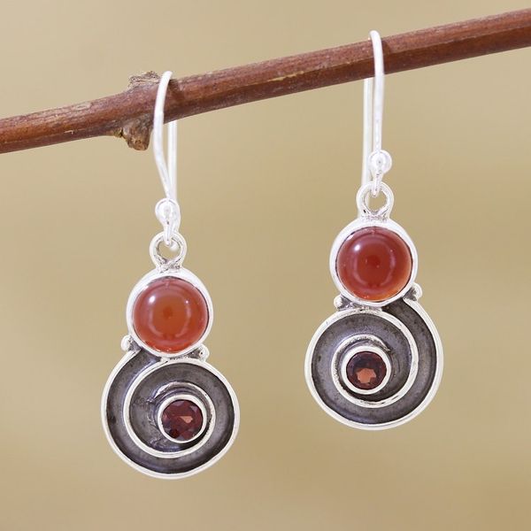 Alternate image for Spiral Carnelian and Garnet Dangle Earrings Red Swirl