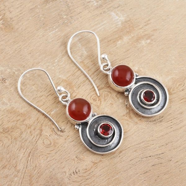 Alternate image for Spiral Carnelian and Garnet Dangle Earrings Red Swirl