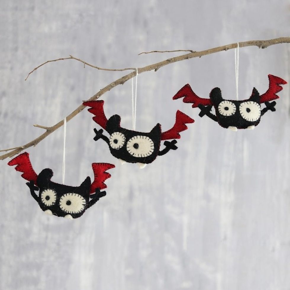 Handmade Halloween Bat Ornaments Set of 3 'Mystic Bats'