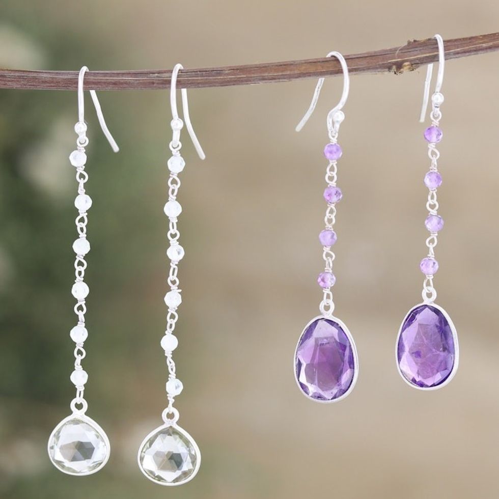 Polished Prasiolite and Amethyst Dangle Earrings Set of 2 'Paradise of Thoughts'