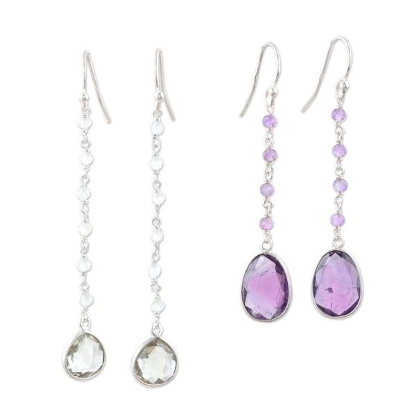 Alternate image for Polished Prasiolite and Amethyst Dangle Earrings Set of 2 Paradise of Thoughts