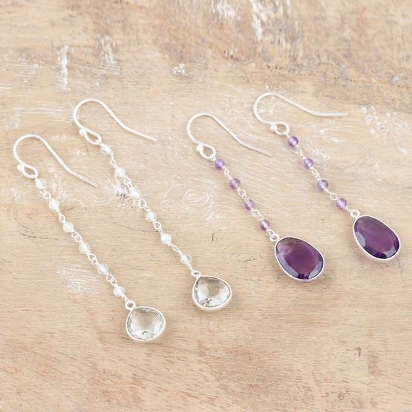 Alternate image for Polished Prasiolite and Amethyst Dangle Earrings Set of 2 Paradise of Thoughts
