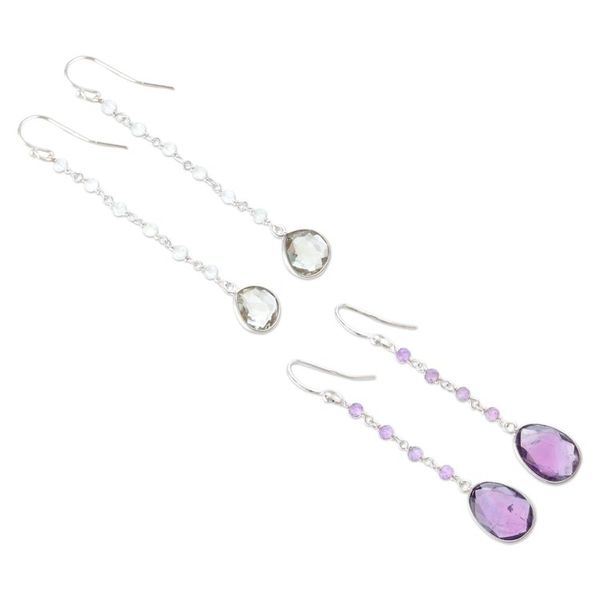 Alternate image for Polished Prasiolite and Amethyst Dangle Earrings Set of 2 Paradise of Thoughts