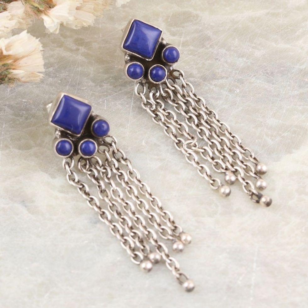 Sterling Silver and Lapis Lazuli Waterfall Earrings 'Wisdom Rain'