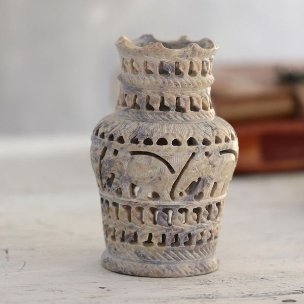 Alternate image for Decorative Soapstone Elephant and Floral Vase Royal Symphony
