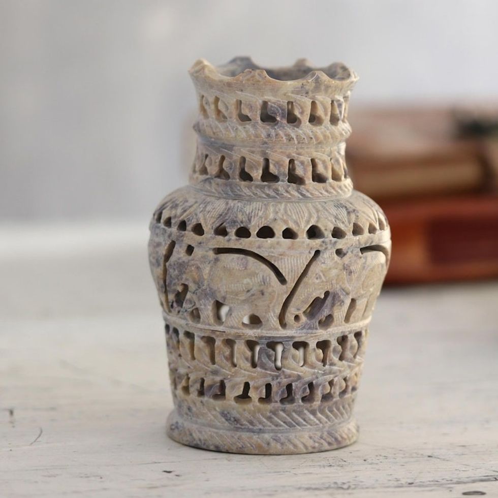 Decorative Soapstone Elephant and Floral Vase 'Royal Symphony'
