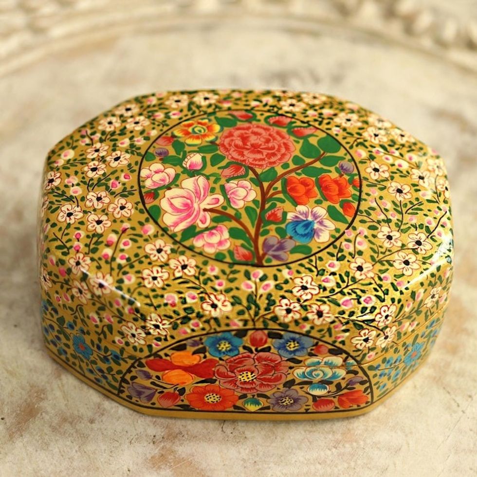 Artisan Crafted Wood and Papier Mache Decorative Box 'Kashmir Flowers'