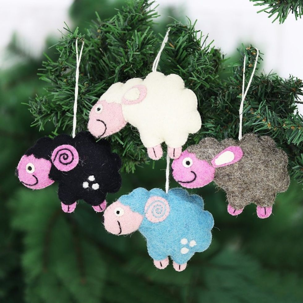 Set of 4 Wool Felt Sheep Holiday Ornaments 'Counting Sheep'
