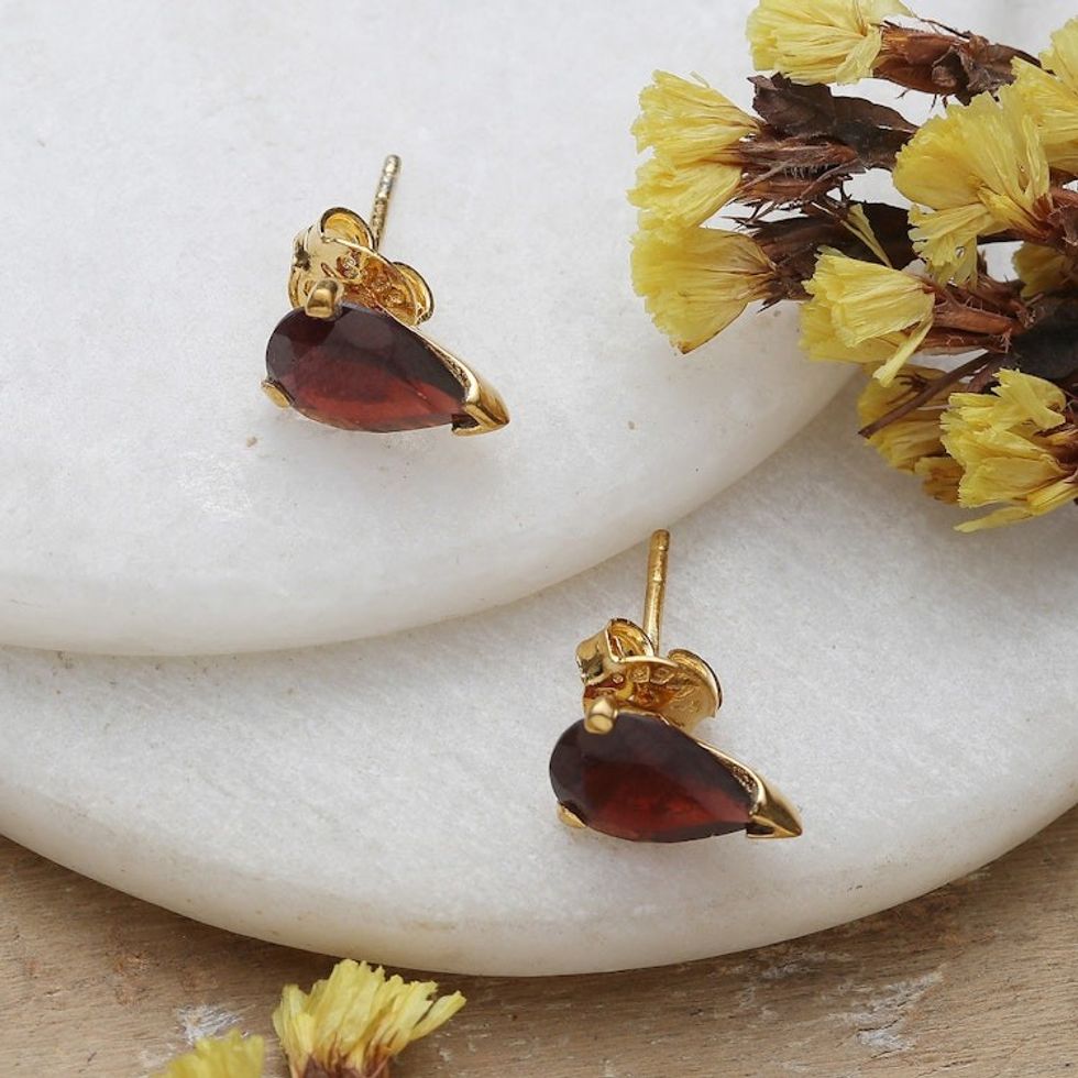 22k Gold-Plated Natural Garnet Stud Earrings from India 'Glorious Scarlet Gleam'