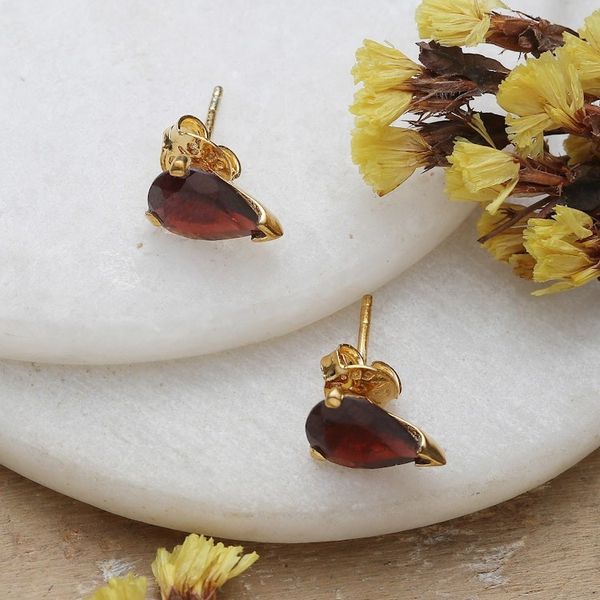 Alternate image for 22k Gold-Plated Natural Garnet Stud Earrings from India Glorious Scarlet Gleam