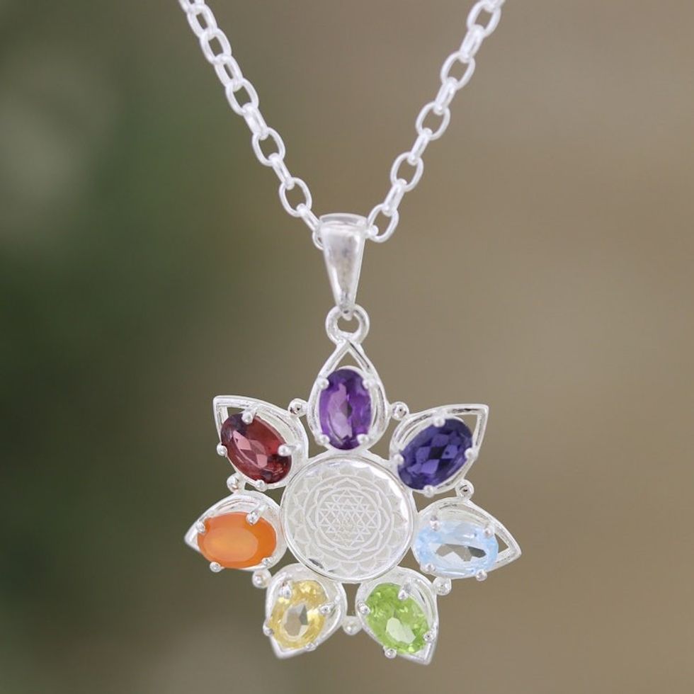 Multi-Gemstone Floral Pendant Necklace from India 'Enlightenment Flower'