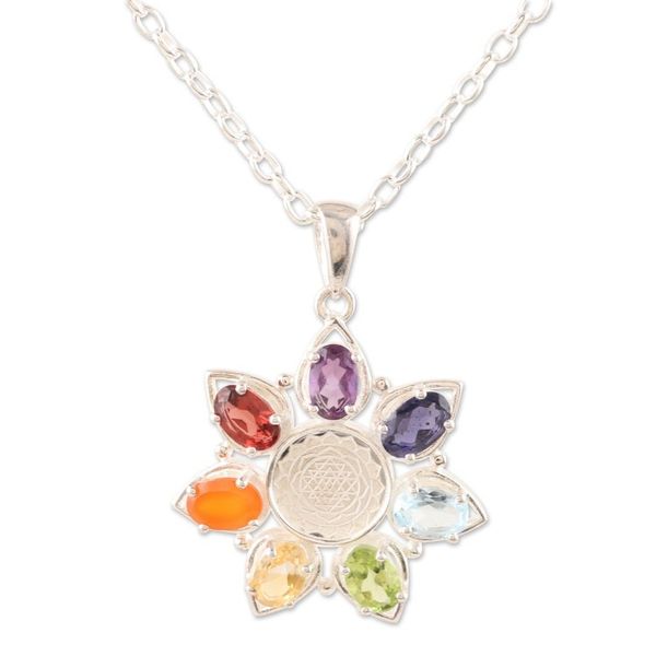 Alternate image for Multi-Gemstone Floral Pendant Necklace from India Enlightenment Flower