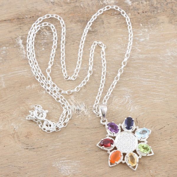 Alternate image for Multi-Gemstone Floral Pendant Necklace from India Enlightenment Flower
