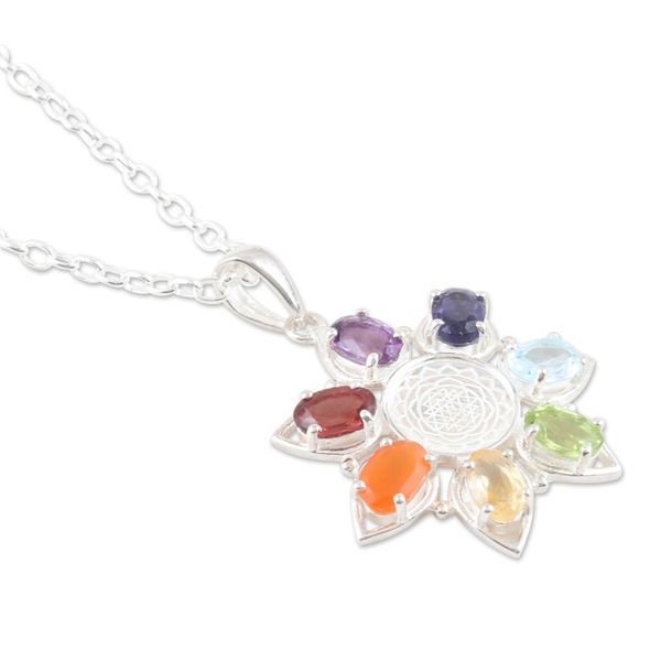 Alternate image for Multi-Gemstone Floral Pendant Necklace from India Enlightenment Flower