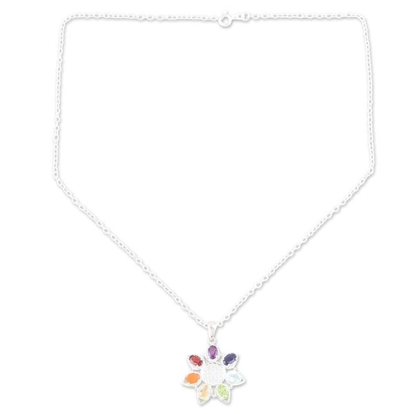 Alternate image for Multi-Gemstone Floral Pendant Necklace from India Enlightenment Flower