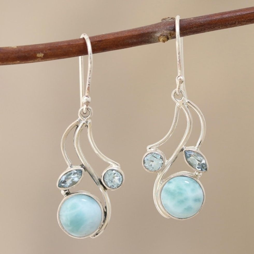 Blue Topaz and Larimar Dangle Earrings 'Triple Fascination'