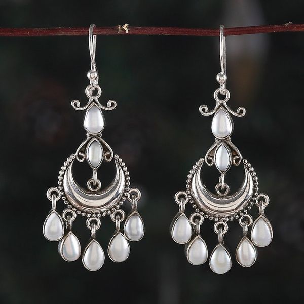 Alternate image for Cream Cultured Pearl and Sterling Silver Chandelier Earrings Oceanic Glare