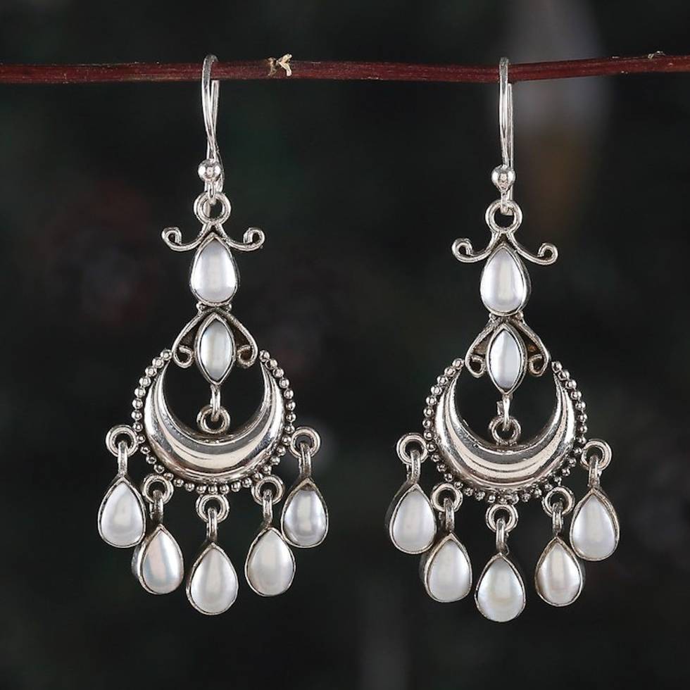 Cream Cultured Pearl and Sterling Silver Chandelier Earrings 'Oceanic Glare'