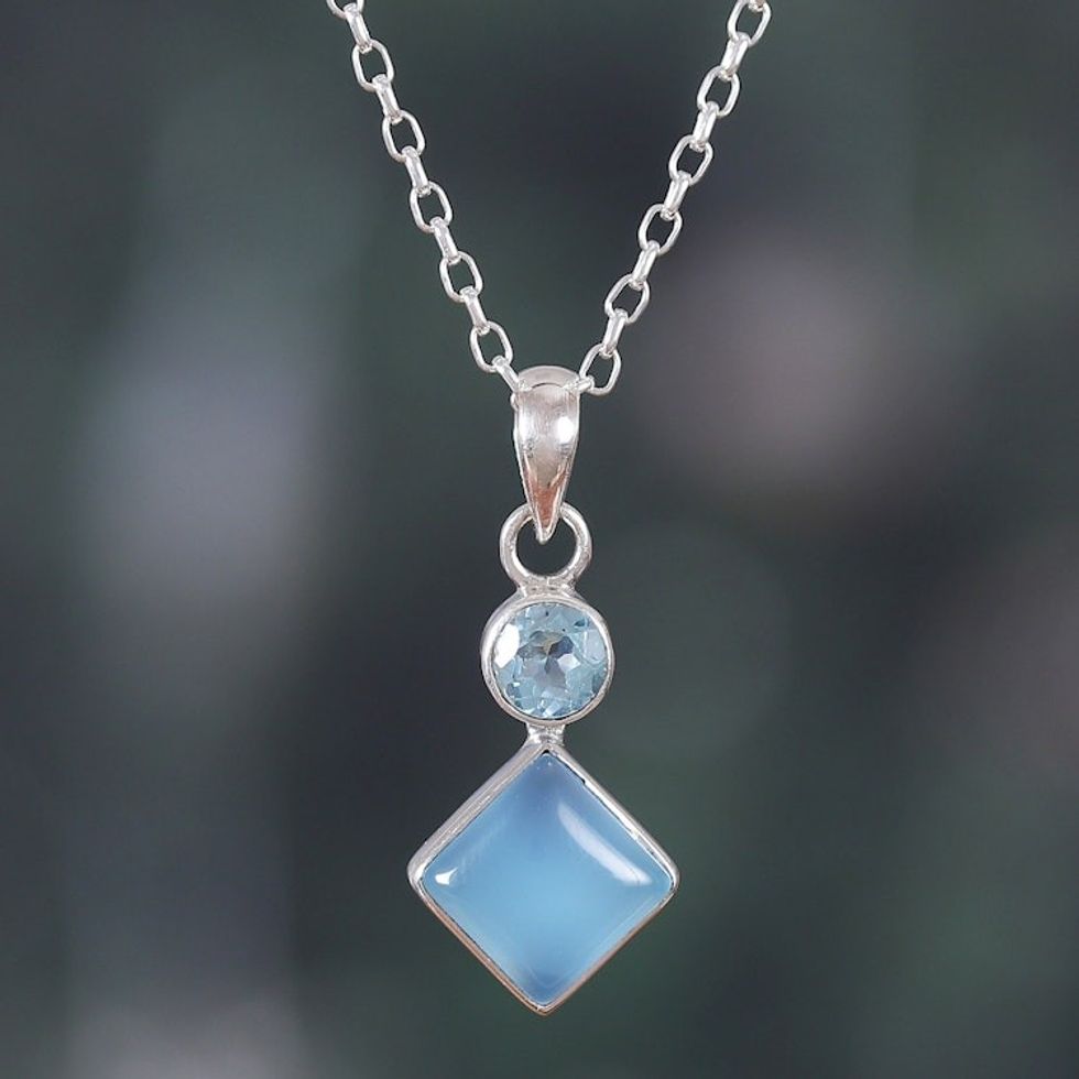 Blue-Toned Chalcedony and Blue Topaz Pendant Necklace 'Diamond Portal'