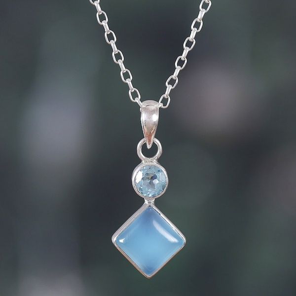 Alternate image for Blue-Toned Chalcedony and Blue Topaz Pendant Necklace Diamond Portal