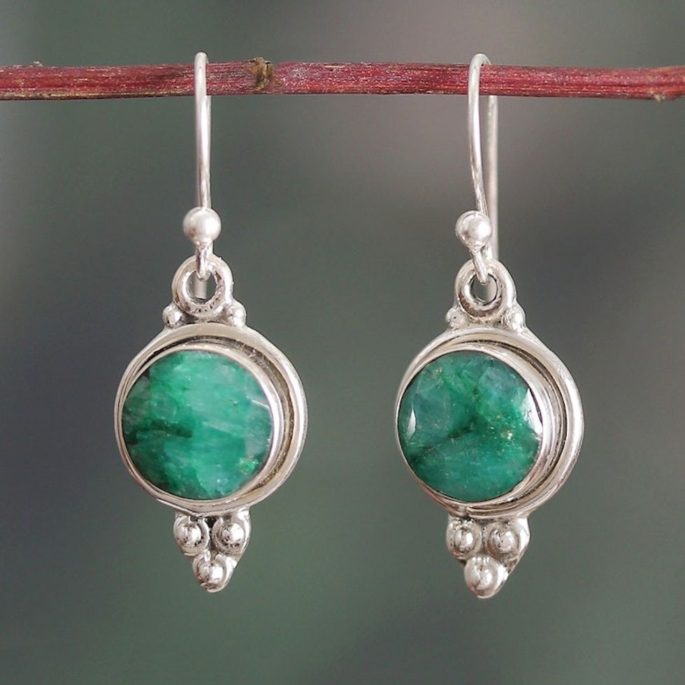 Sterling Silver Dangle Earrings with Faceted Emerald Stones 'Classic Nature'