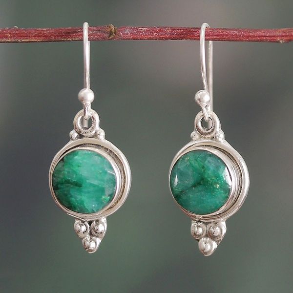 Alternate image for Sterling Silver Dangle Earrings with Faceted Emerald Stones Classic Nature