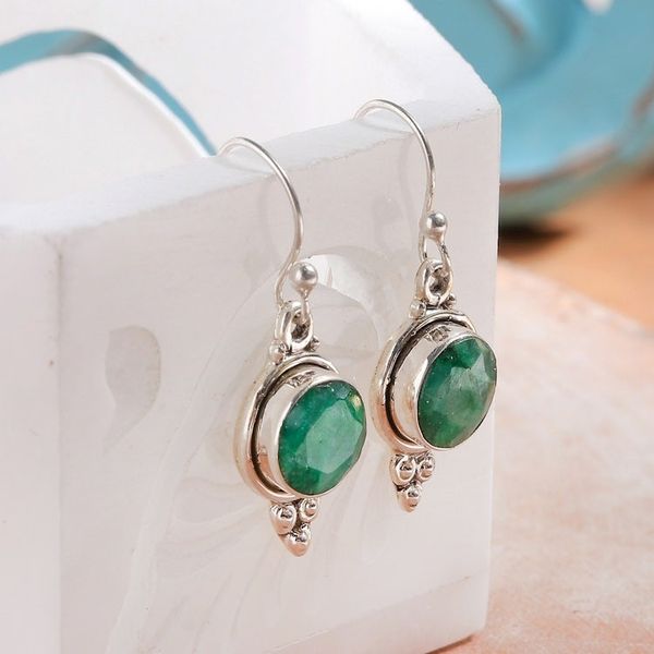 Alternate image for Sterling Silver Dangle Earrings with Faceted Emerald Stones Classic Nature