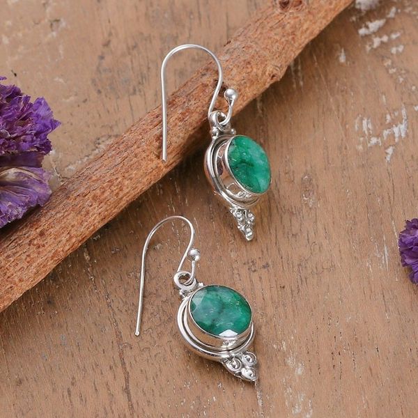Alternate image for Sterling Silver Dangle Earrings with Faceted Emerald Stones Classic Nature