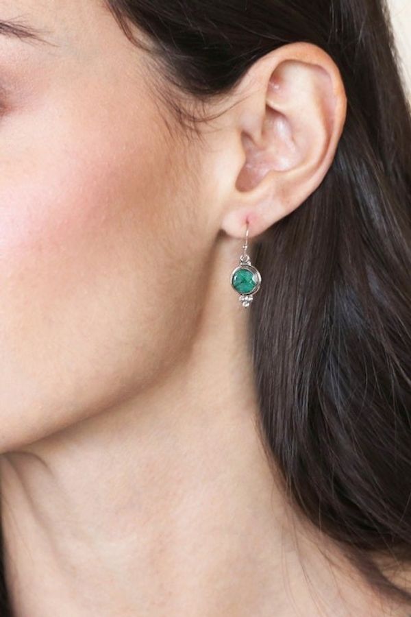 Alternate image for Sterling Silver Dangle Earrings with Faceted Emerald Stones Classic Nature