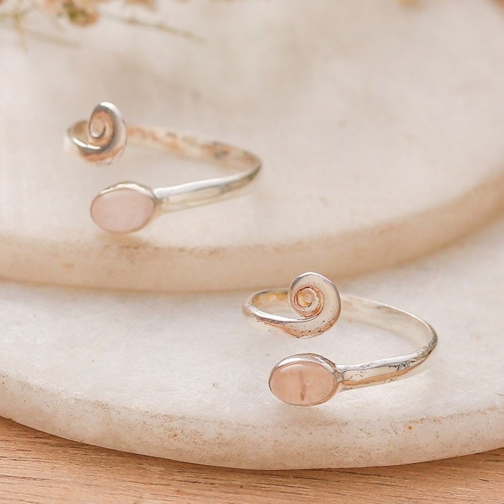 Curly-Shaped Sterling Silver and Rose Quartz Toe Ring Pair 'Tender Curls'