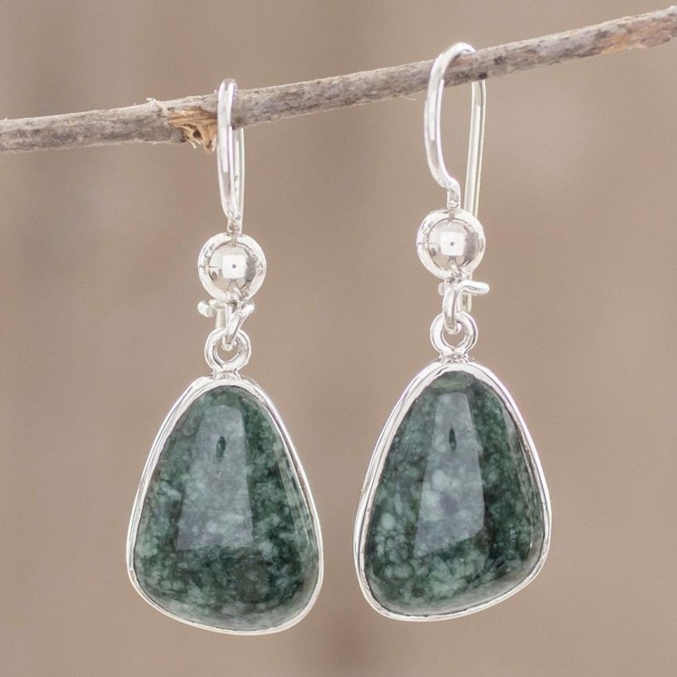 925 Sterling Silver Dark Green Jade Earrings from Guatemala 'Asymmetry in Green'