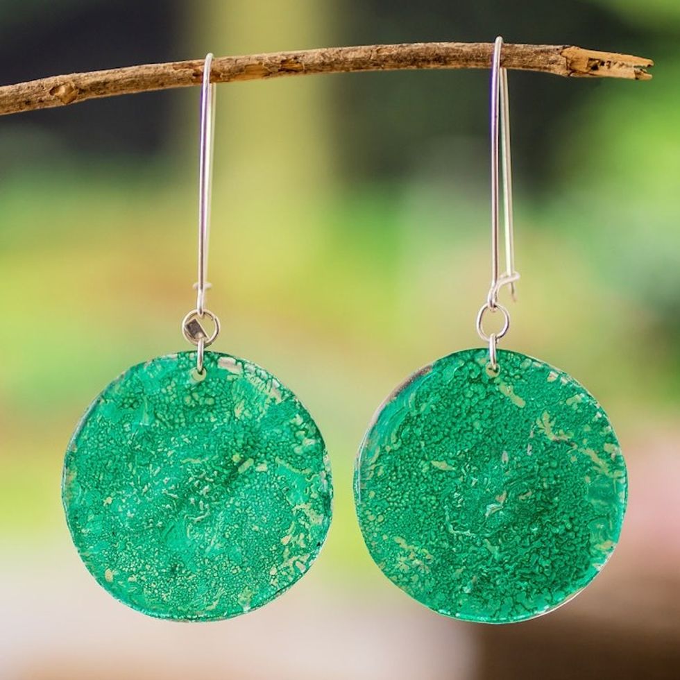 Eco-Friendly Green Round Recycled CD Dangle Earrings 'Green Moon'