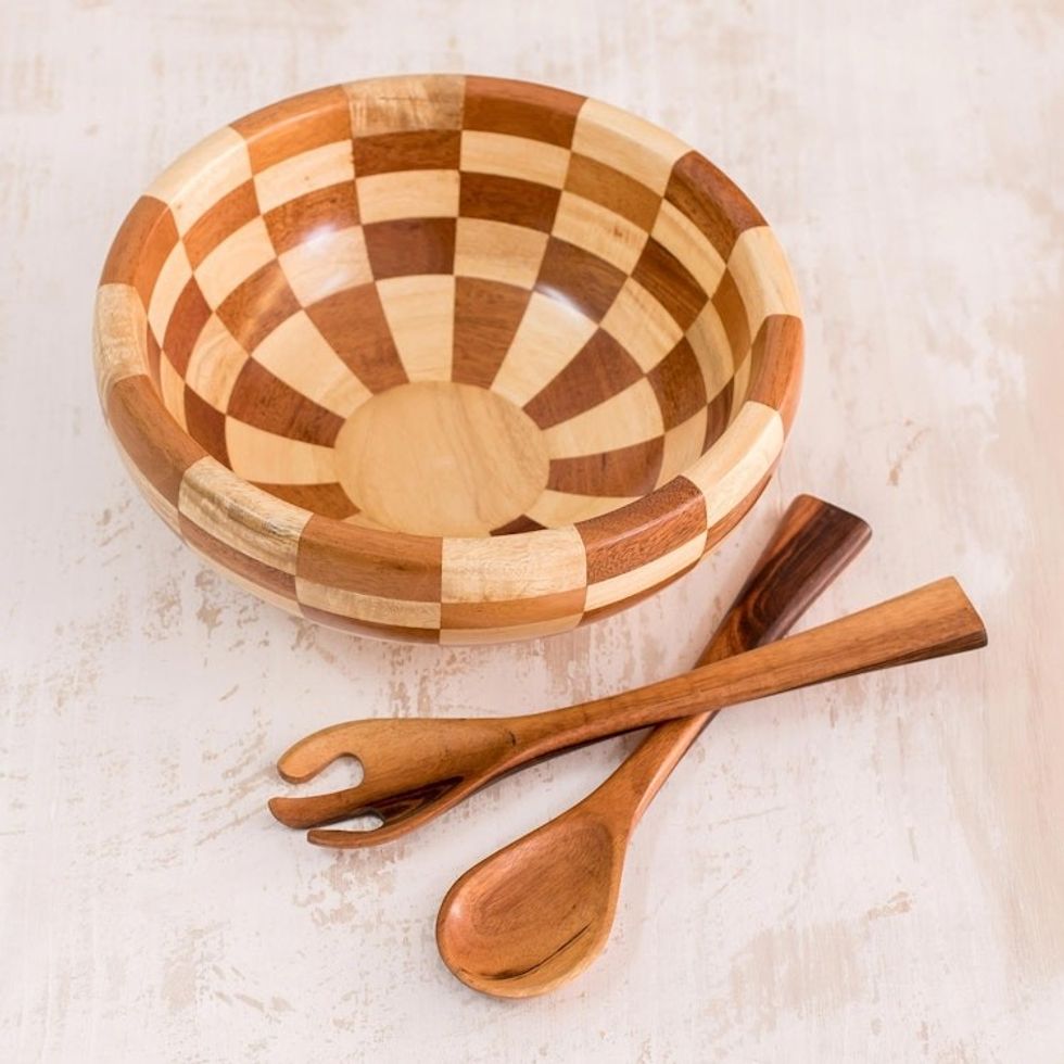 Checkerboard Pieced Tropical Wood Salad Bowl and Spoons 'Guatemala Checkerboard'