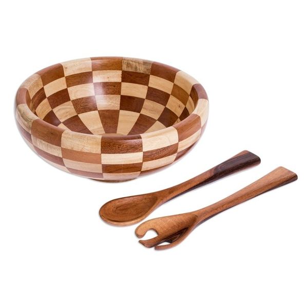 Alternate image for Checkerboard Pieced Tropical Wood Salad Bowl and Spoons Guatemala Checkerboard