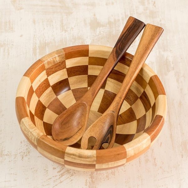 Alternate image for Checkerboard Pieced Tropical Wood Salad Bowl and Spoons Guatemala Checkerboard