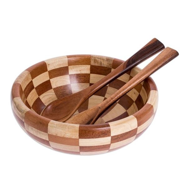 Alternate image for Checkerboard Pieced Tropical Wood Salad Bowl and Spoons Guatemala Checkerboard