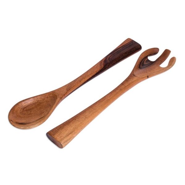 Alternate image for Checkerboard Pieced Tropical Wood Salad Bowl and Spoons Guatemala Checkerboard