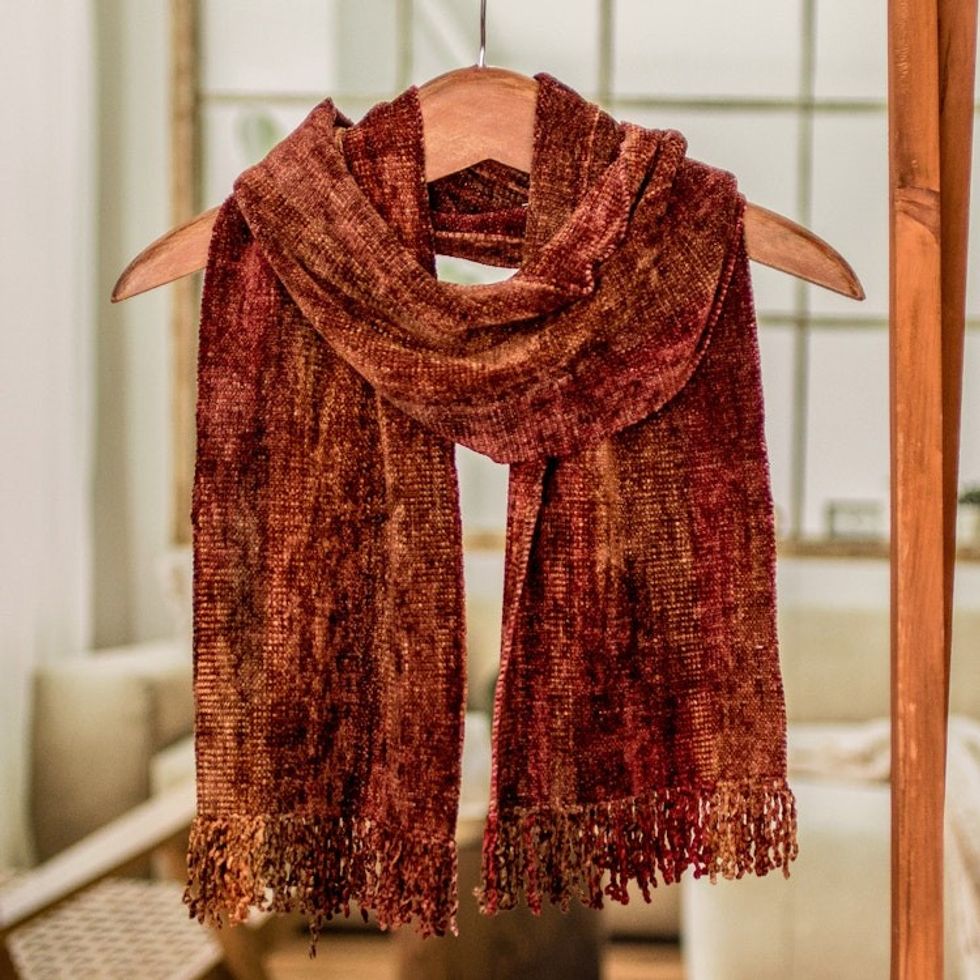 Handwoven Rayon Scarf in Orange and Red from Guatemala 'Orange Dreamer'