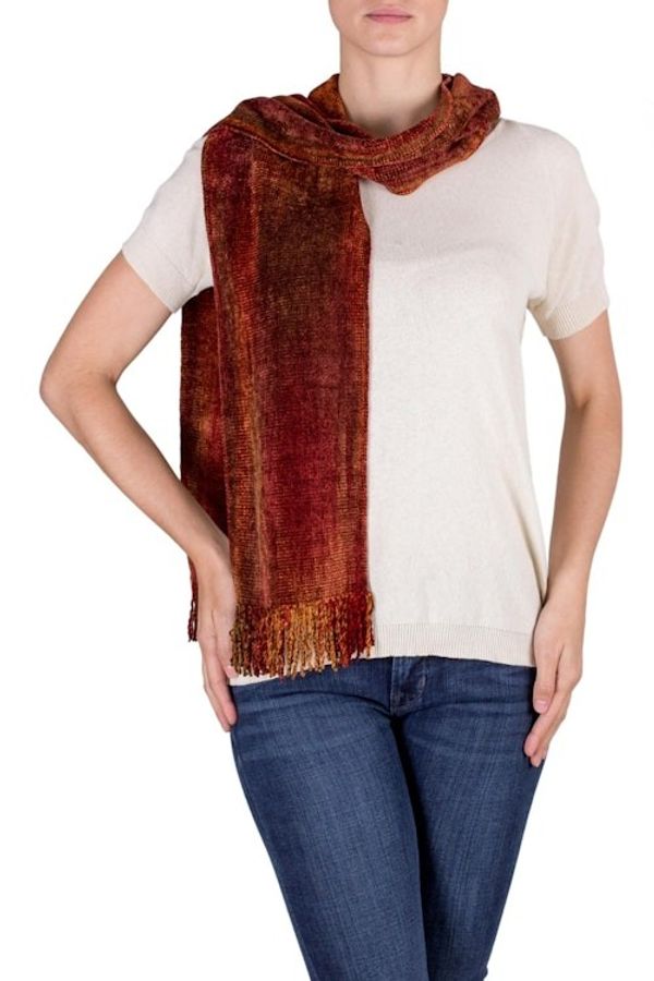 Alternate image for Handwoven Rayon Scarf in Orange and Red from Guatemala Orange Dreamer