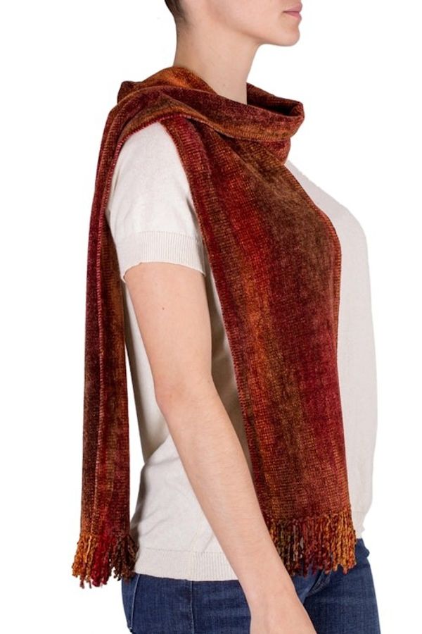 Alternate image for Handwoven Rayon Scarf in Orange and Red from Guatemala Orange Dreamer