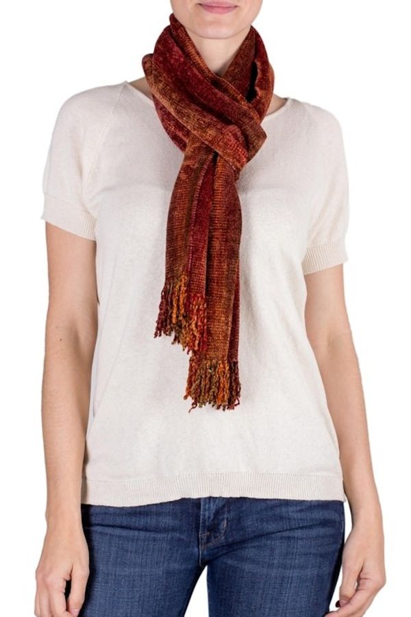 Alternate image for Handwoven Rayon Scarf in Orange and Red from Guatemala Orange Dreamer