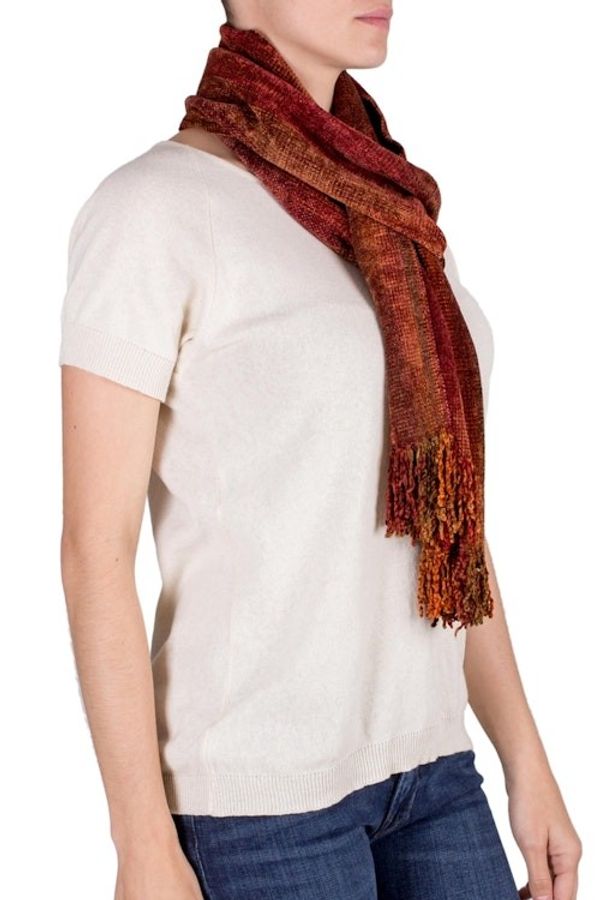 Alternate image for Handwoven Rayon Scarf in Orange and Red from Guatemala Orange Dreamer