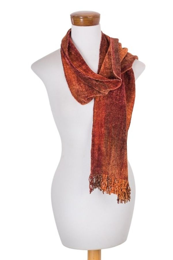Alternate image for Handwoven Rayon Scarf in Orange and Red from Guatemala Orange Dreamer