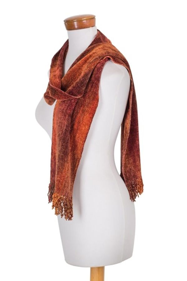 Alternate image for Handwoven Rayon Scarf in Orange and Red from Guatemala Orange Dreamer