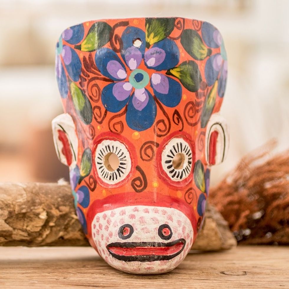 Hand-Painted Floral Monkey Pinewood Mask in Orange 'Monkey's Celebration'
