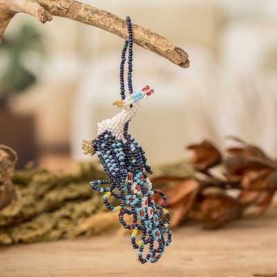 Alternate image for Glass Beaded Peacock-Themed Ornament in Blue and White Blue Peacock Splendor