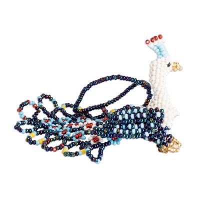 Alternate image for Glass Beaded Peacock-Themed Ornament in Blue and White Blue Peacock Splendor