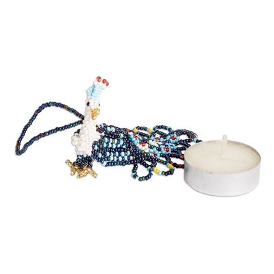 Alternate image for Glass Beaded Peacock-Themed Ornament in Blue and White Blue Peacock Splendor