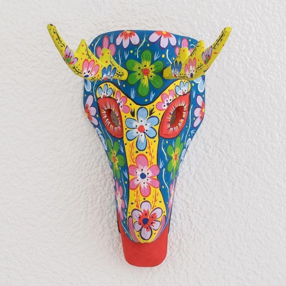 Floral Wood Deer Mask in Blue from Guatemala 'Floral Deer in Blue'