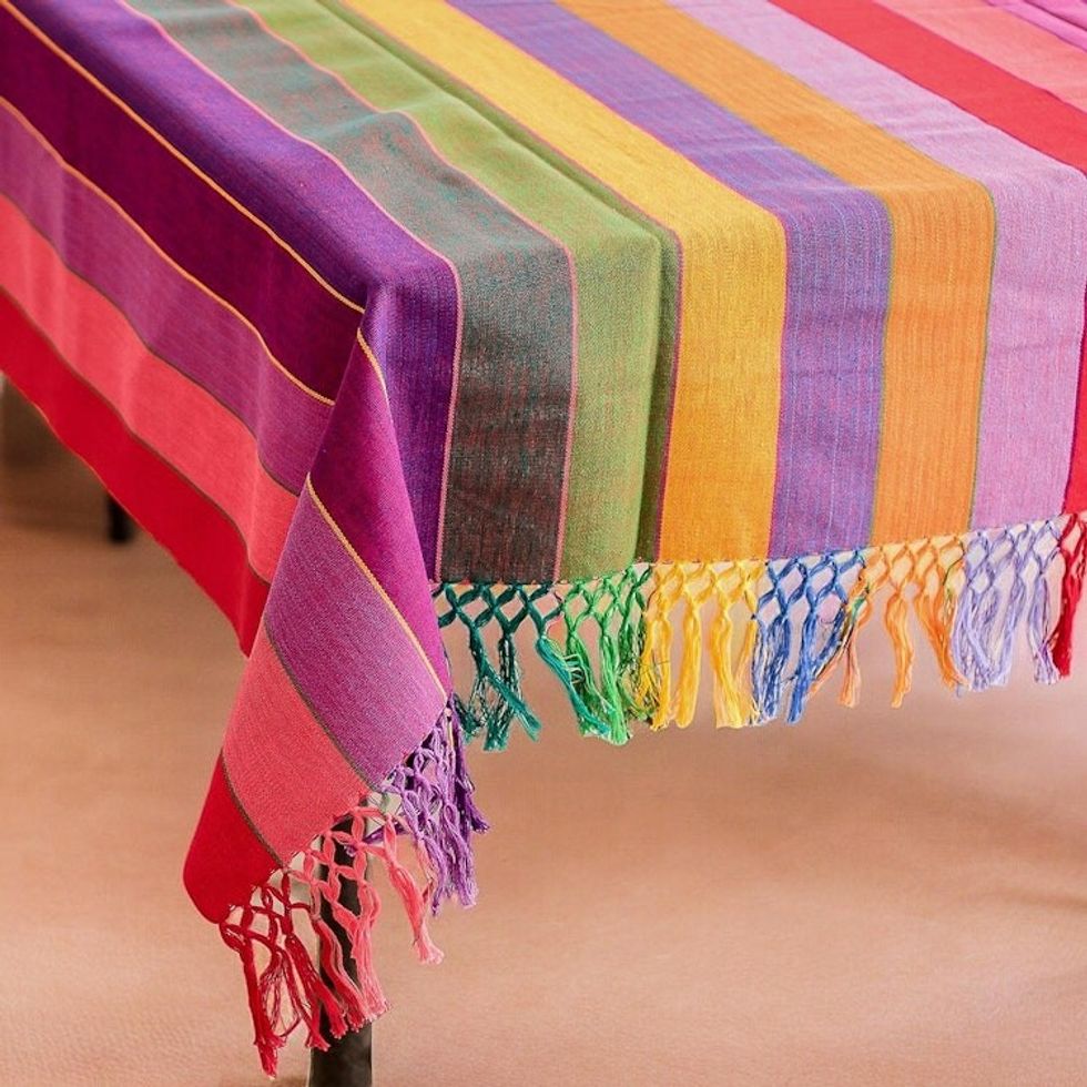 Handwoven Fringed Cotton Tablecloth with Colorful Stripes 'Vibrant Rainbow'